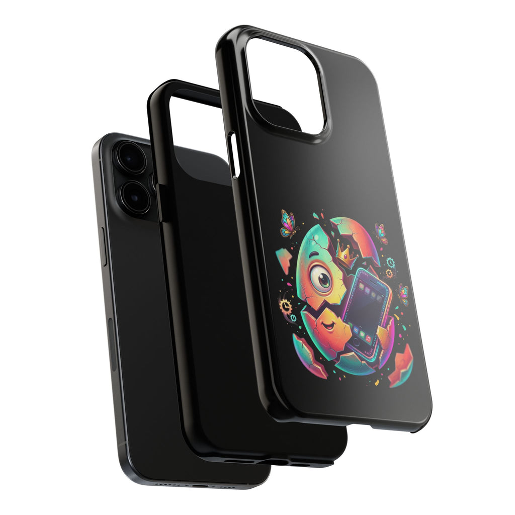 Hatchling Phone Case — Cute Neon Egg Character Holding Smartphone