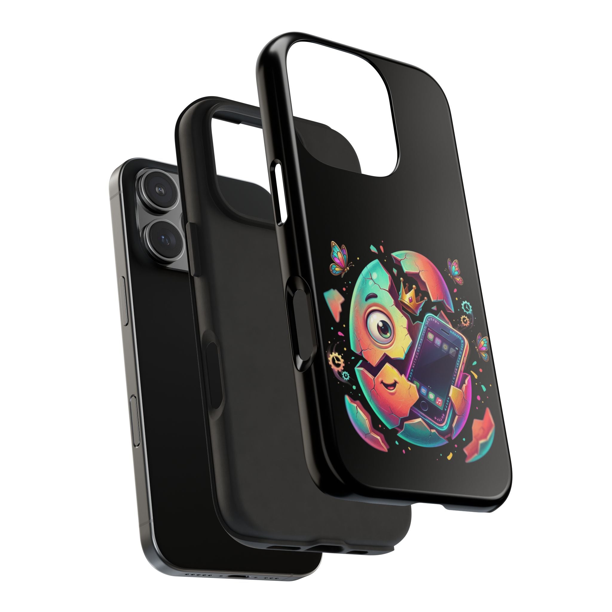 Hatchling Phone Case — Cute Neon Egg Character Holding Smartphone