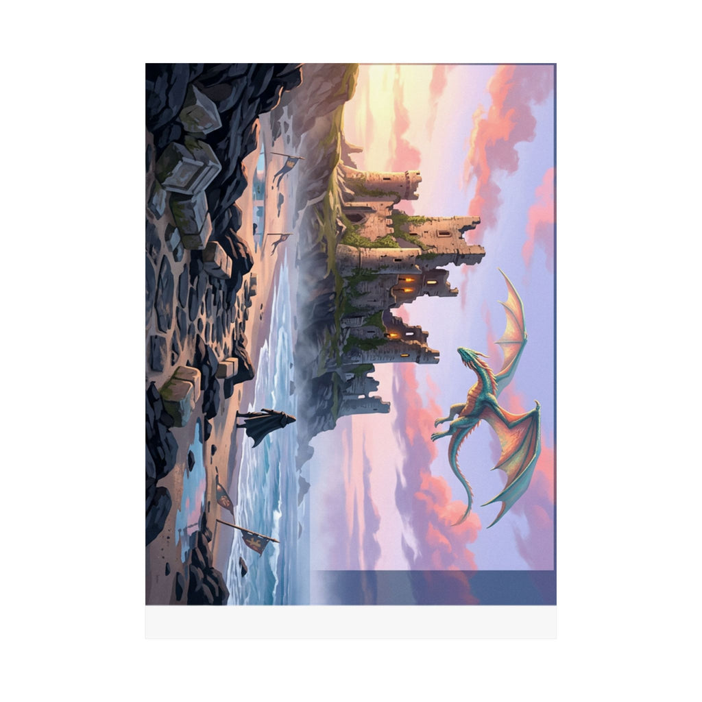 Dragon Sunset Matte Vertical Poster — Fantasy Castle Wall Art