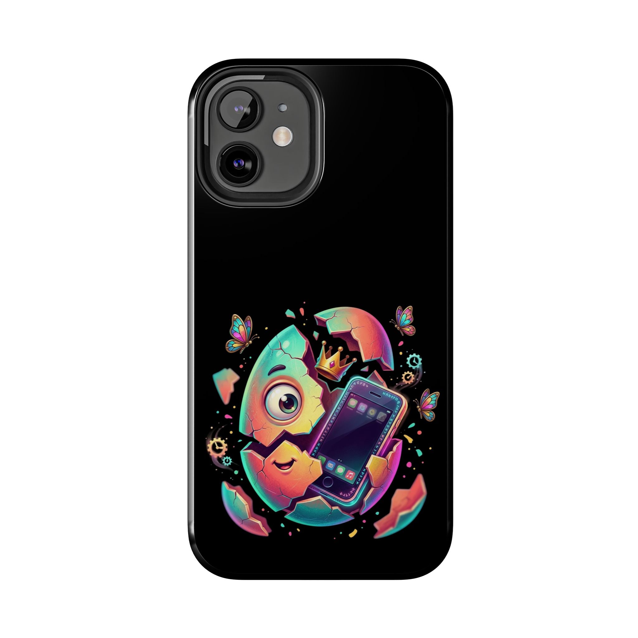 Hatchling Phone Case — Cute Neon Egg Character Holding Smartphone