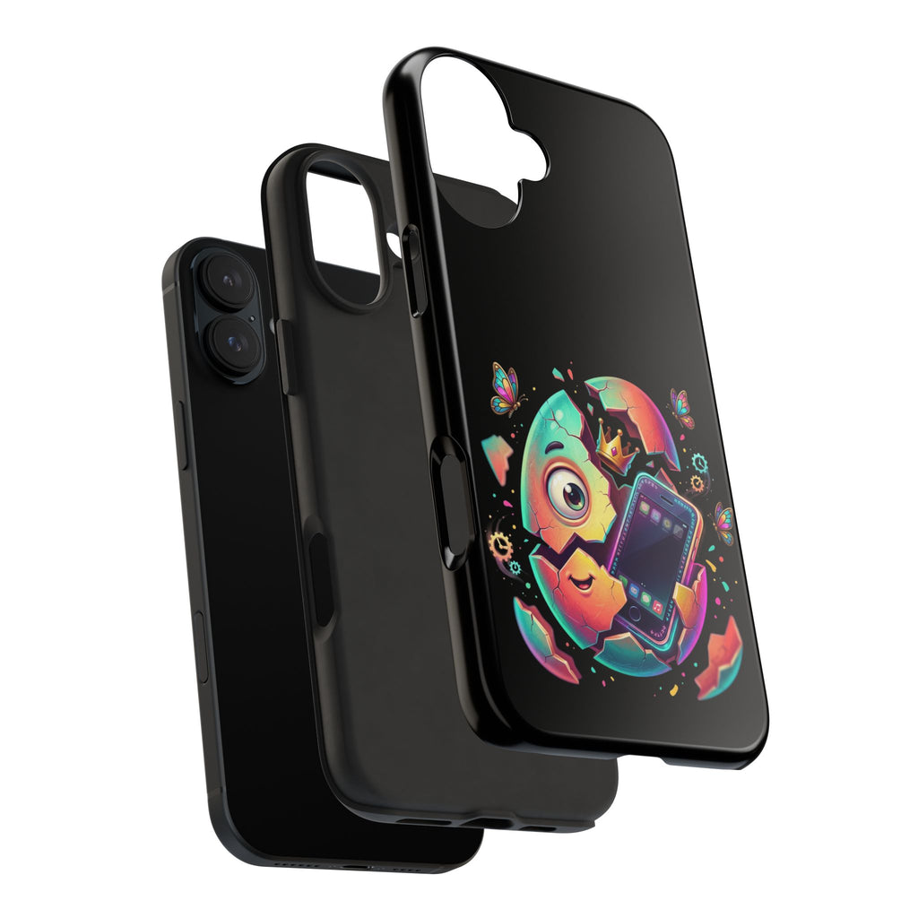 Hatchling Phone Case — Cute Neon Egg Character Holding Smartphone