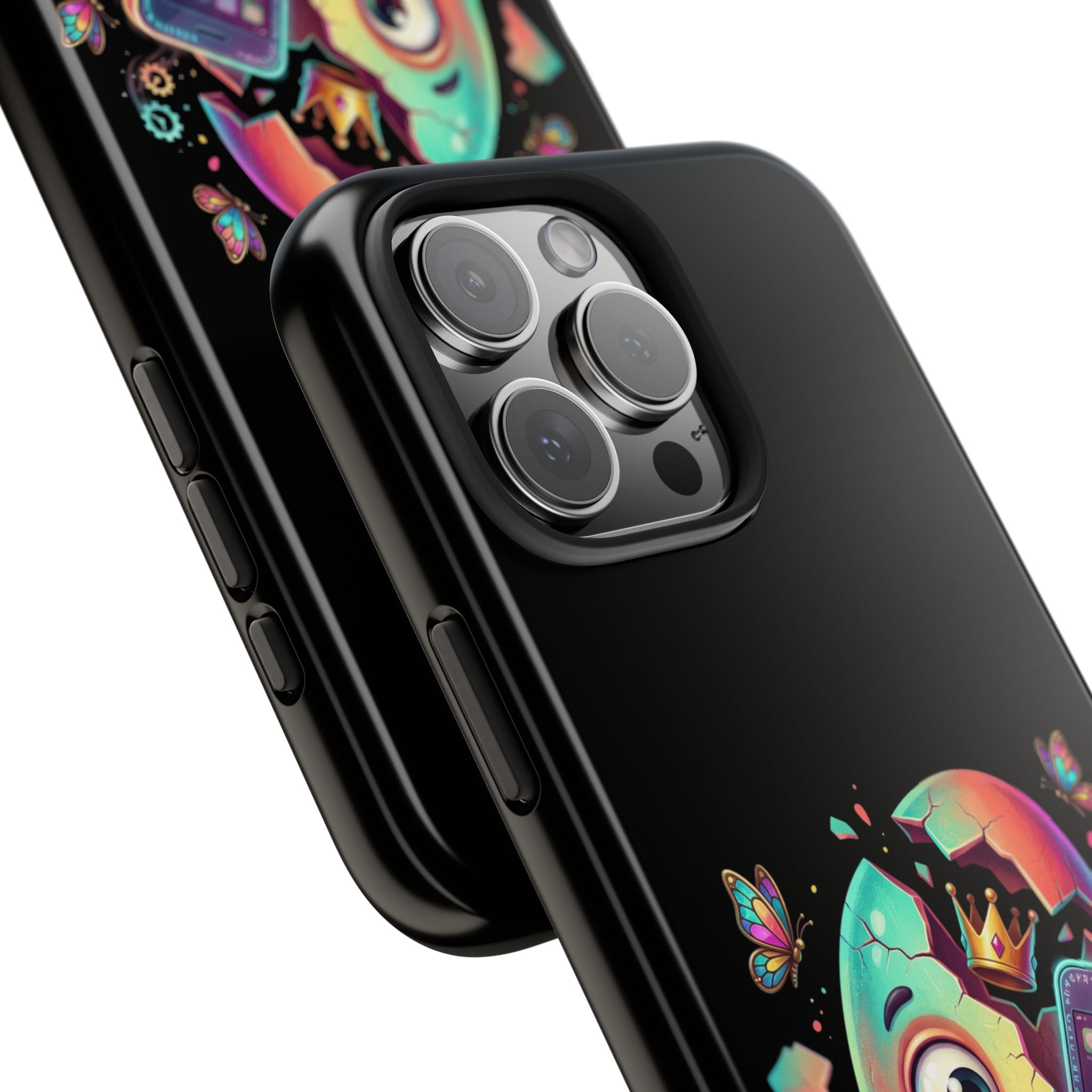 Hatchling Phone Case — Cute Neon Egg Character Holding Smartphone