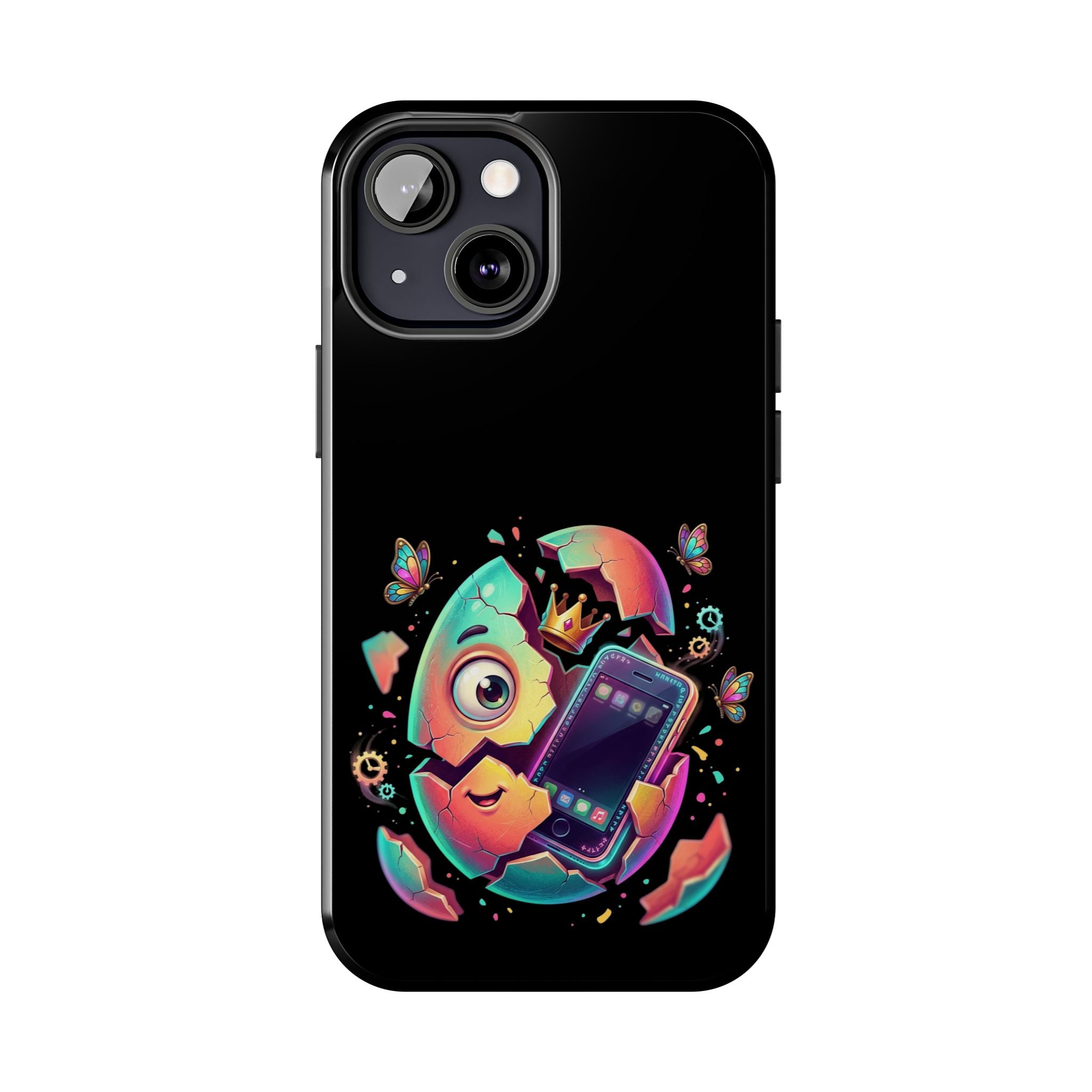 Hatchling Phone Case — Cute Neon Egg Character Holding Smartphone