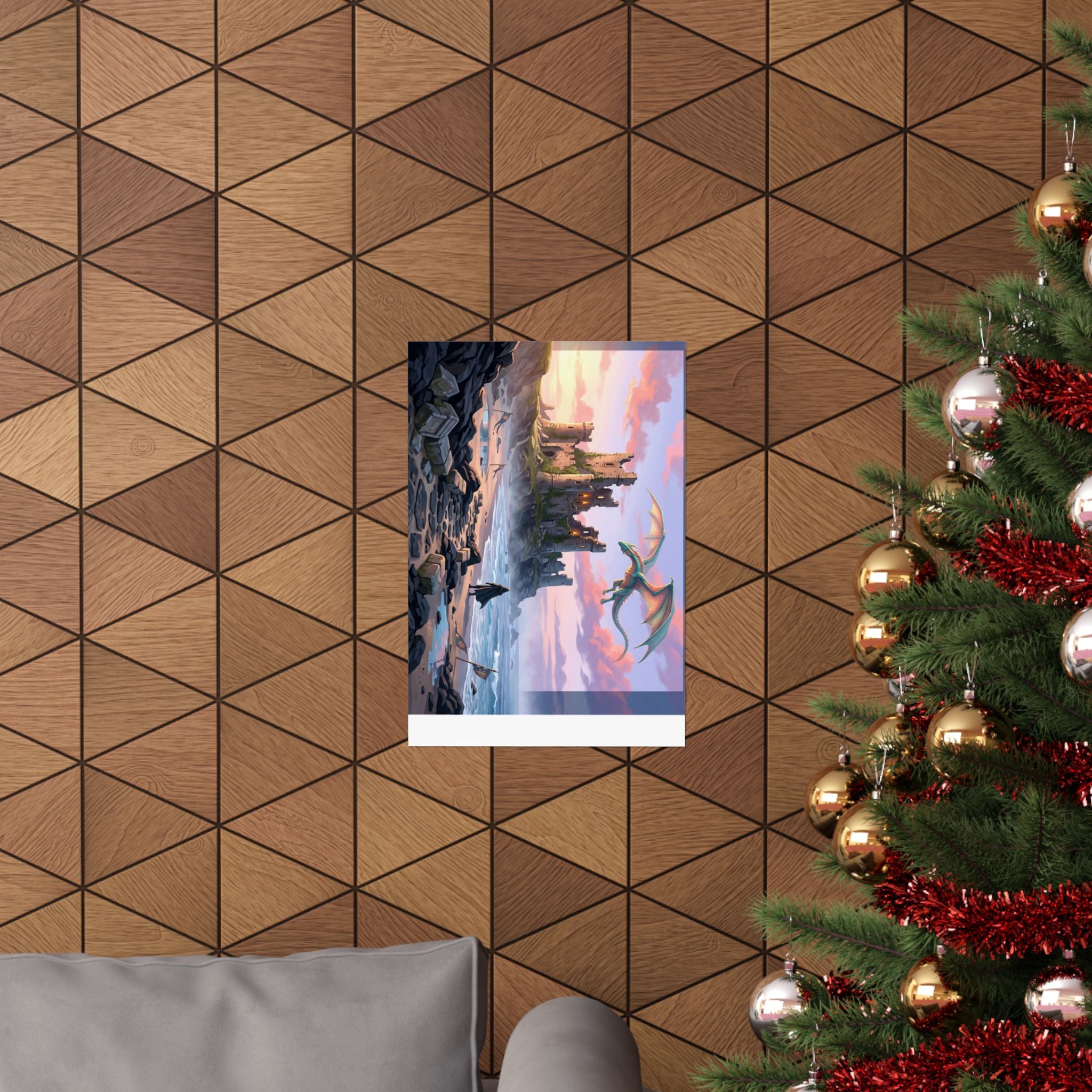 Dragon Sunset Matte Vertical Poster — Fantasy Castle Wall Art