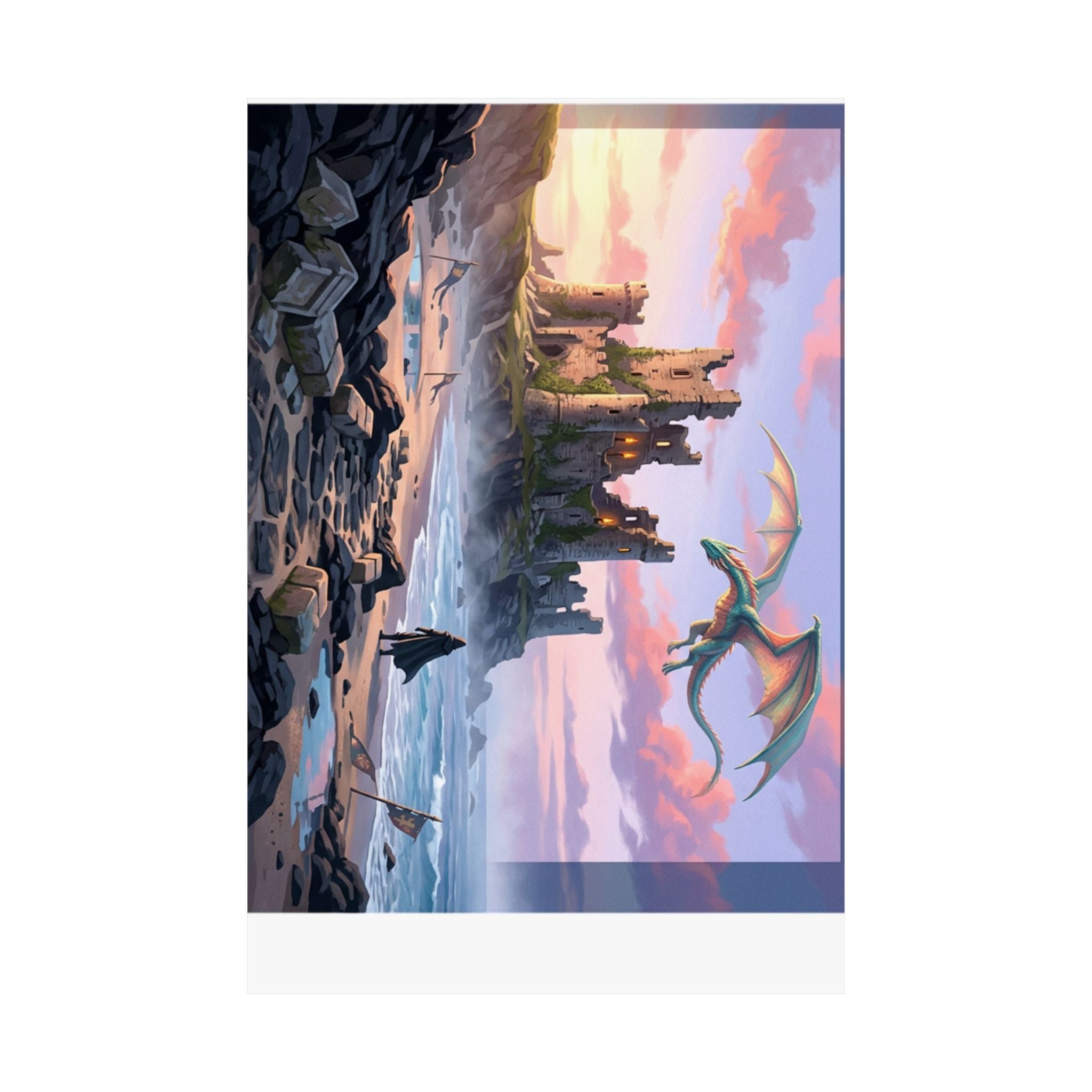 Dragon Sunset Matte Vertical Poster — Fantasy Castle Wall Art