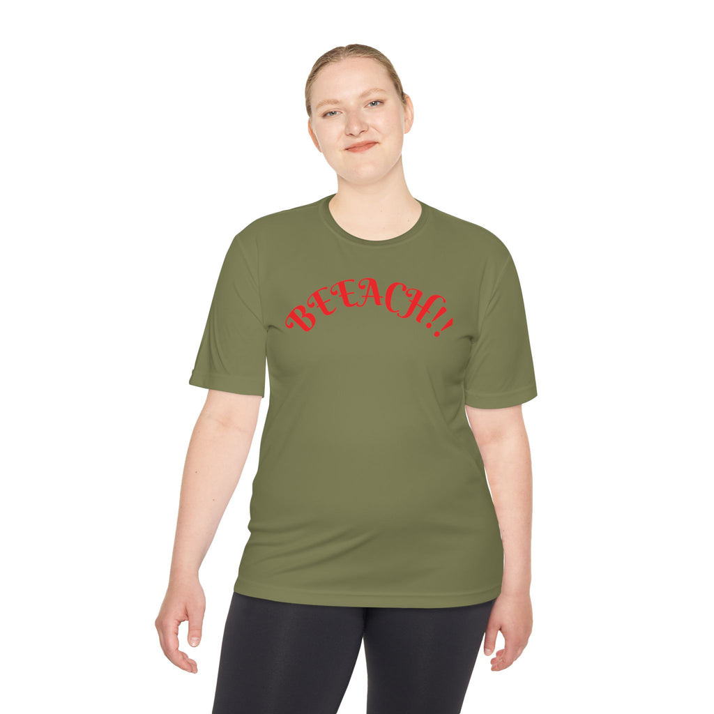 Beach Vibes Moisture-Wicking Tee — 'BEACH!!' Arch Logo
