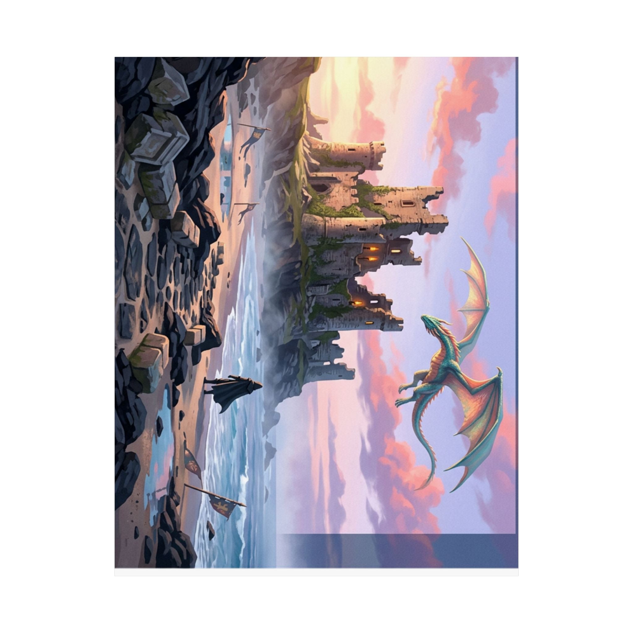 Dragon Sunset Matte Vertical Poster — Fantasy Castle Wall Art