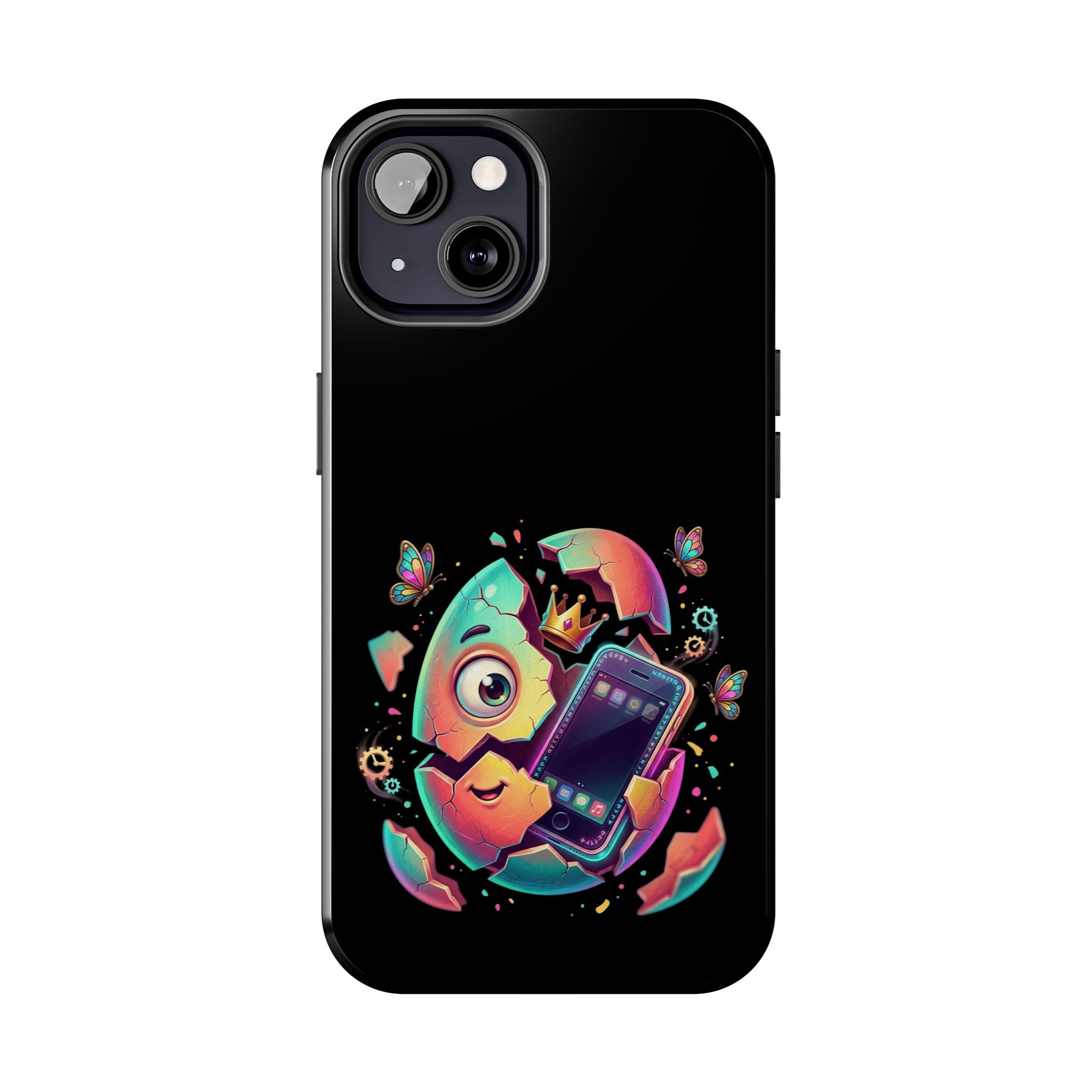 Hatchling Phone Case — Cute Neon Egg Character Holding Smartphone