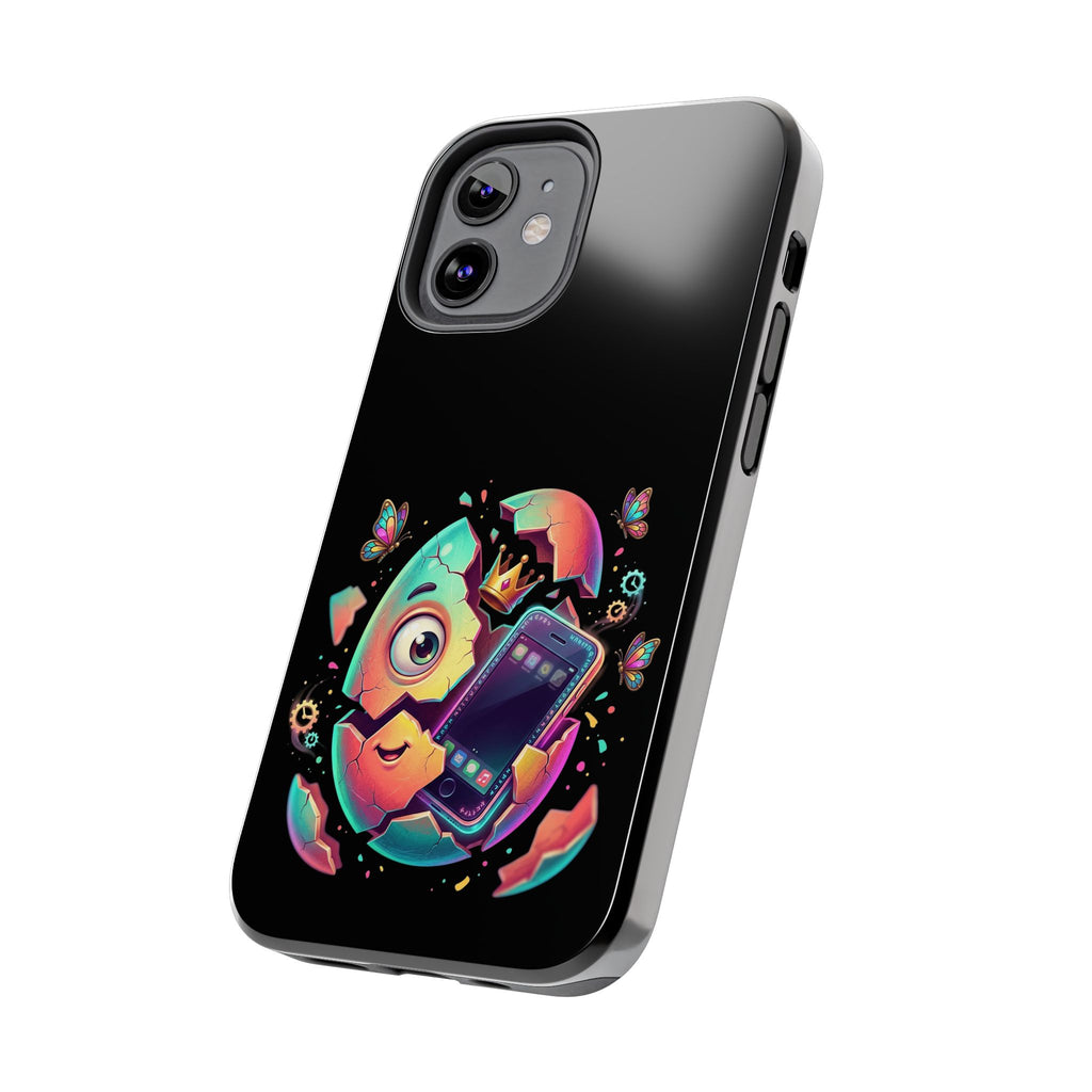 Hatchling Phone Case — Cute Neon Egg Character Holding Smartphone