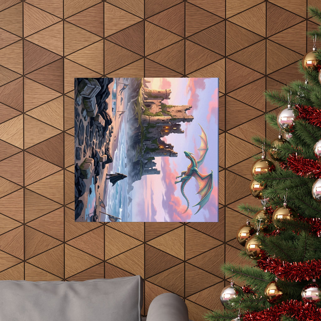 Dragon Sunset Matte Vertical Poster — Fantasy Castle Wall Art