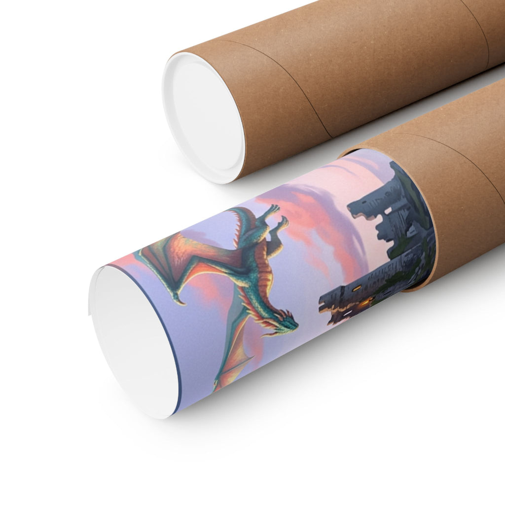 Dragon Sunset Matte Vertical Poster — Fantasy Castle Wall Art