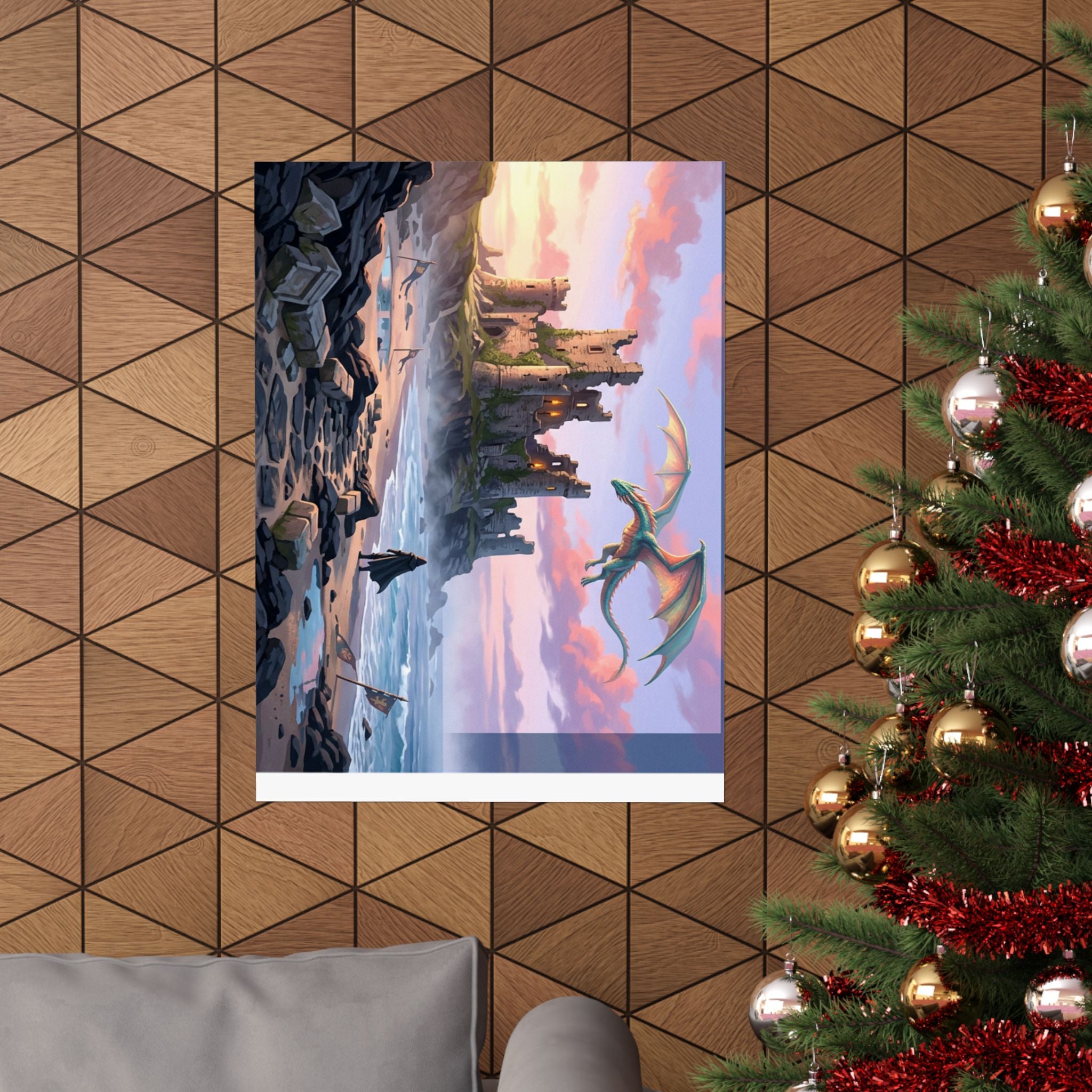 Dragon Sunset Matte Vertical Poster — Fantasy Castle Wall Art