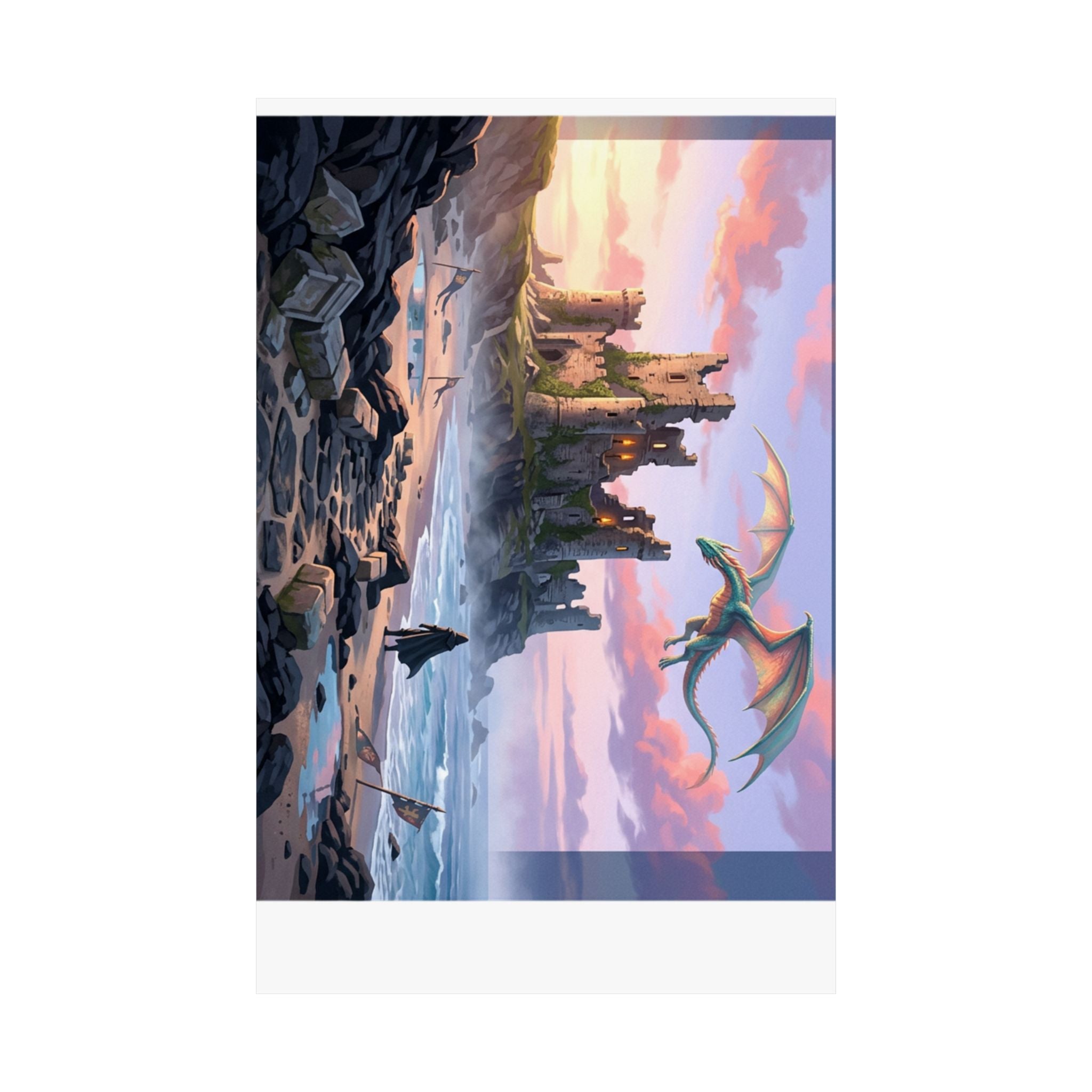 Dragon Sunset Matte Vertical Poster — Fantasy Castle Wall Art