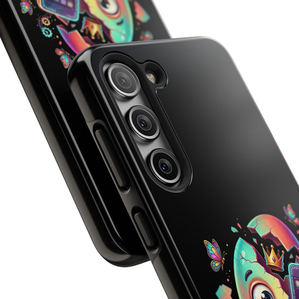 Hatchling Phone Case — Cute Neon Egg Character Holding Smartphone