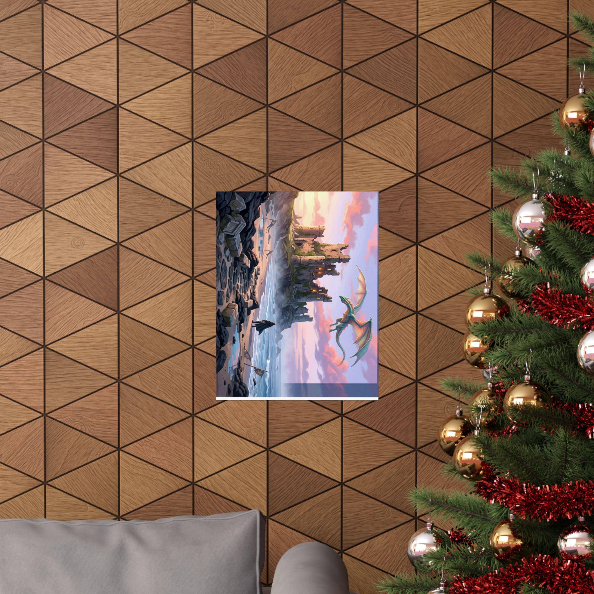 Dragon Sunset Matte Vertical Poster — Fantasy Castle Wall Art