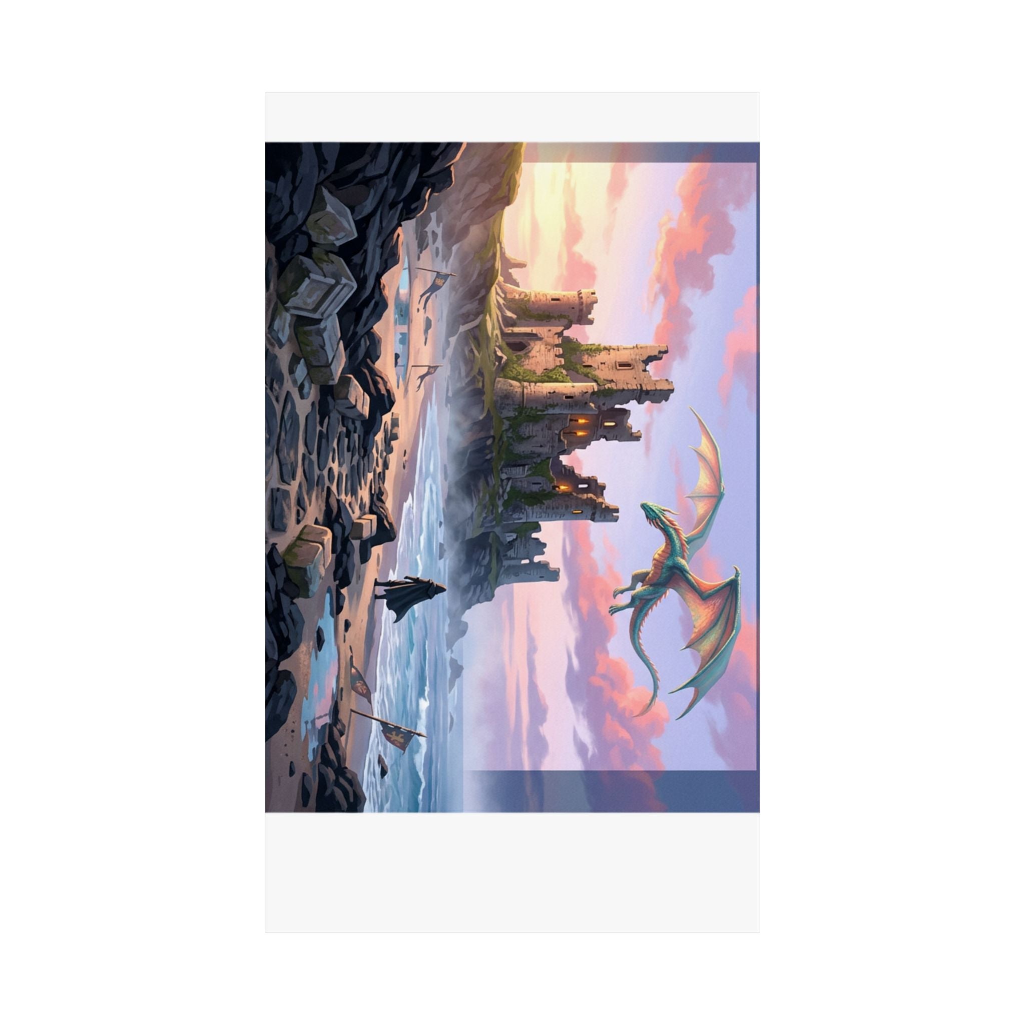 Dragon Sunset Matte Vertical Poster — Fantasy Castle Wall Art
