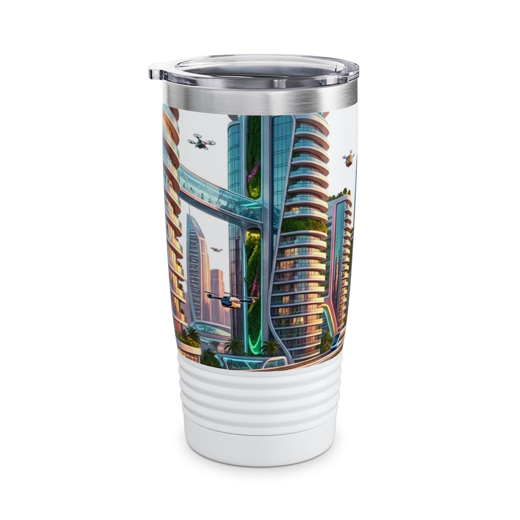 Cityscape Travel Tumbler — Futuristic Urban Skyline 20oz Stainless Steel
