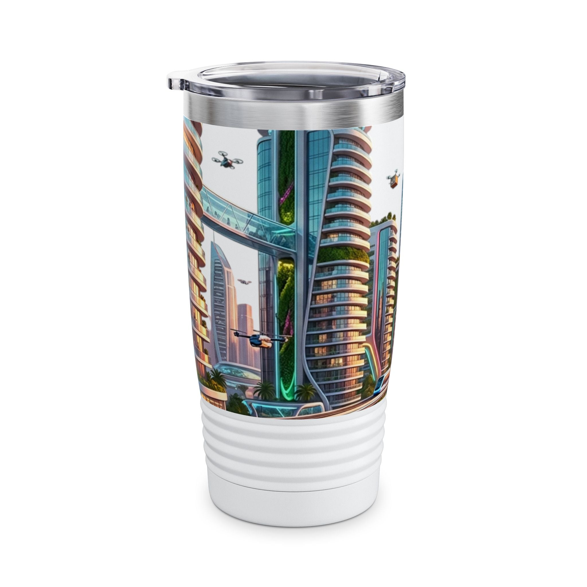 Cityscape Travel Tumbler — Futuristic Urban Skyline 20oz Stainless Steel