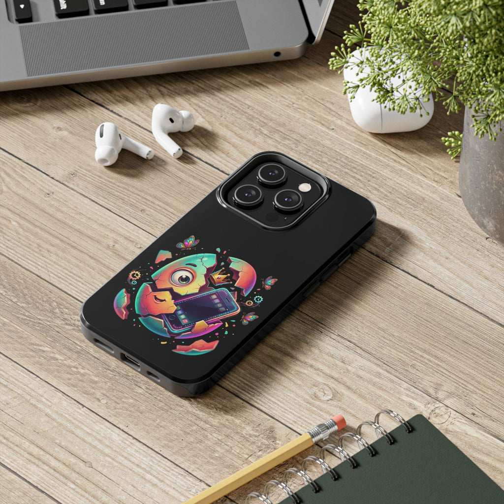 Hatchling Phone Case — Cute Neon Egg Character Holding Smartphone