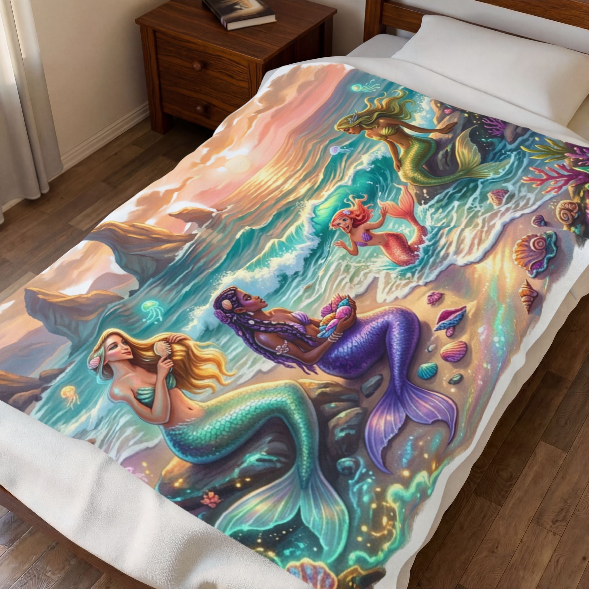 Mermaid Sunset Velveteen Plush Blanket — Cozy Beach Fantasy Throw