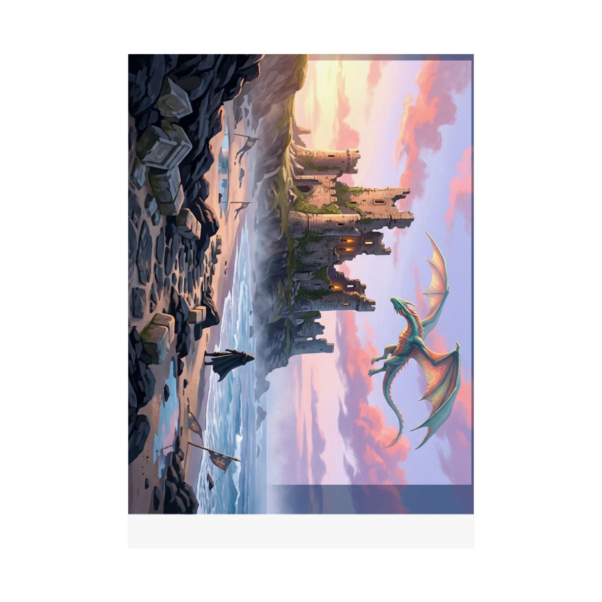 Dragon Sunset Matte Vertical Poster — Fantasy Castle Wall Art