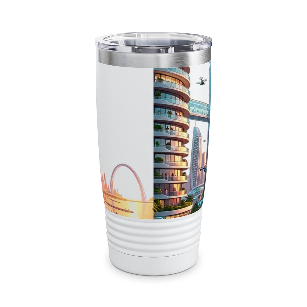 Cityscape Travel Tumbler — Futuristic Urban Skyline 20oz Stainless Steel
