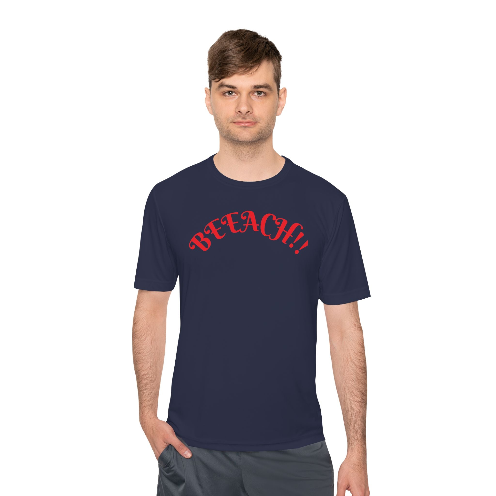 Beach Vibes Moisture-Wicking Tee — 'BEACH!!' Arch Logo