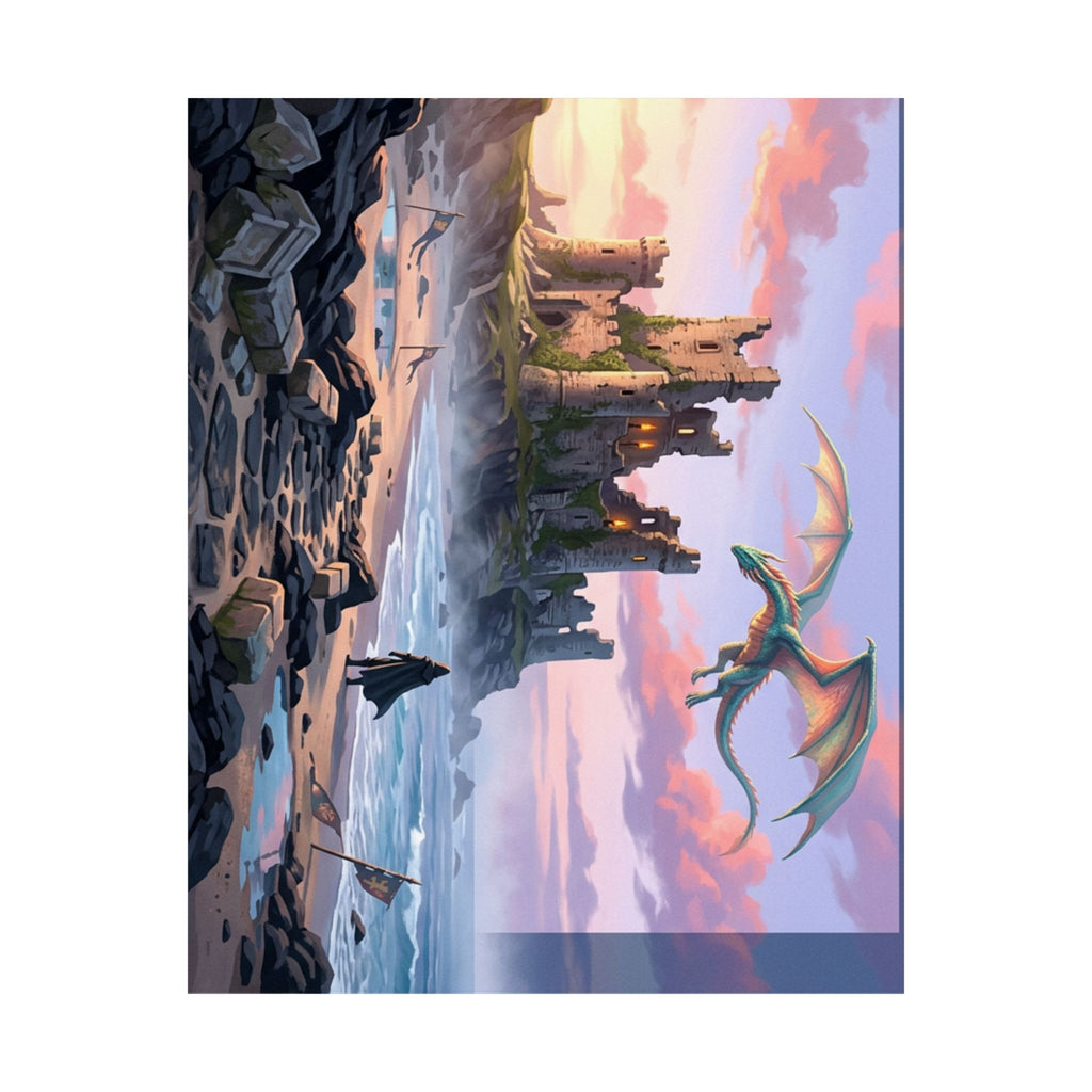 Dragon Sunset Matte Vertical Poster — Fantasy Castle Wall Art