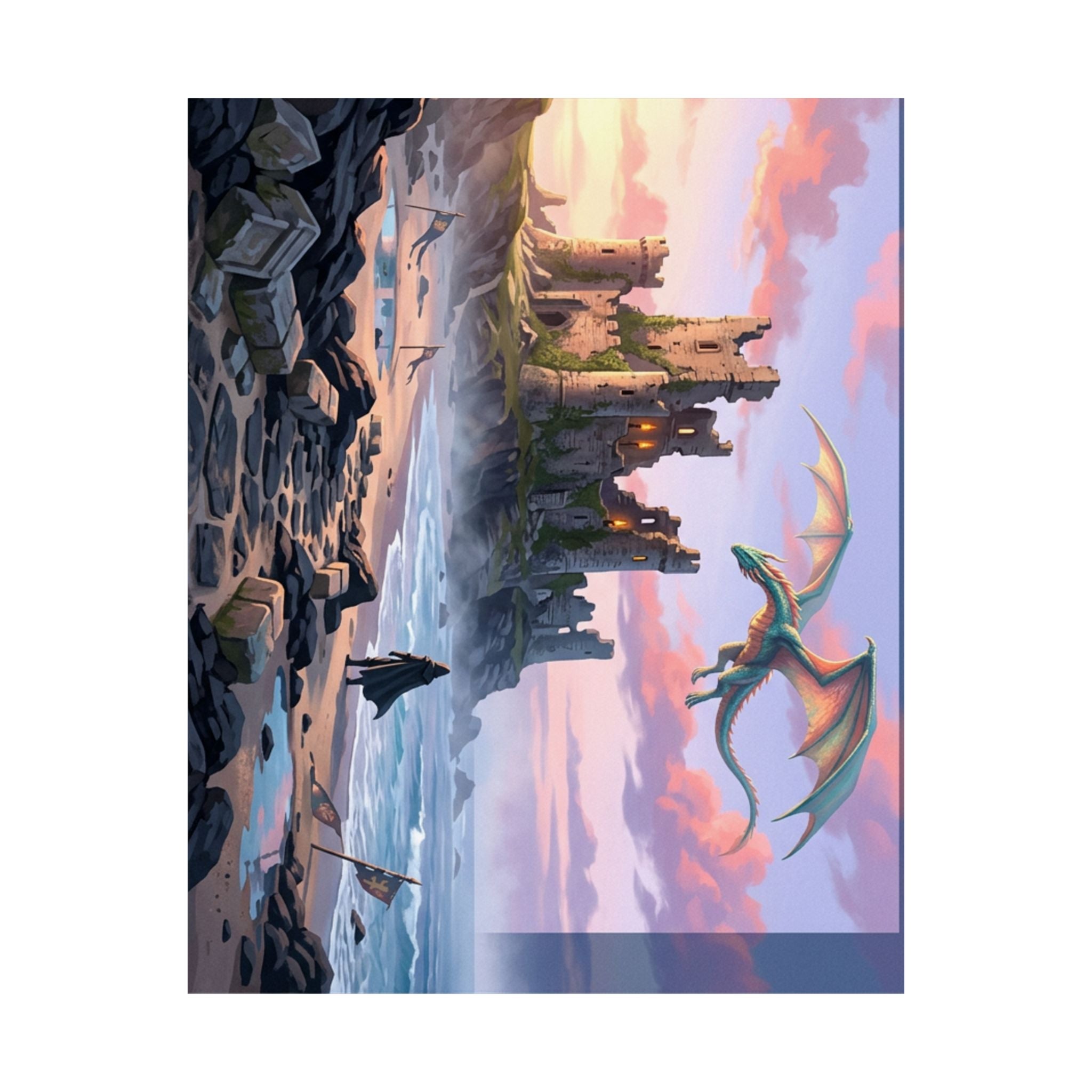 Dragon Sunset Matte Vertical Poster — Fantasy Castle Wall Art