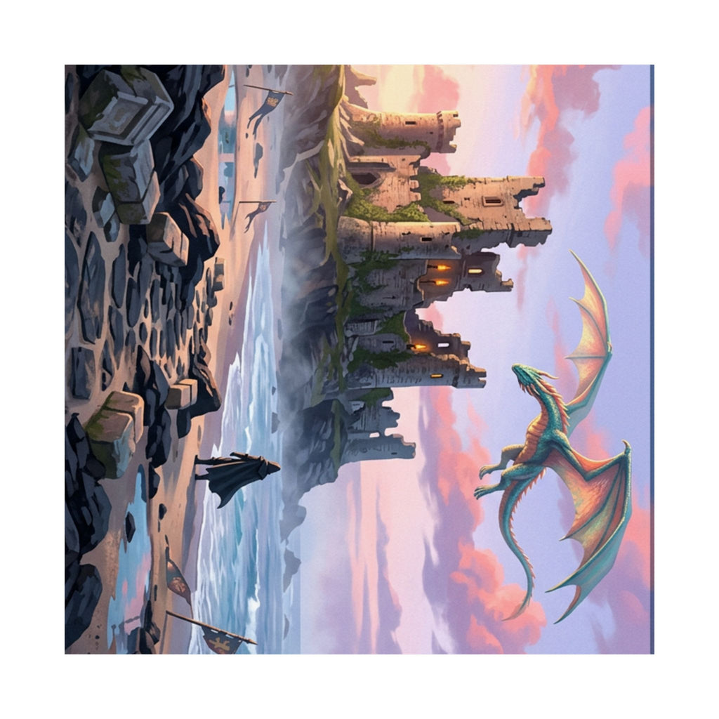 Dragon Sunset Matte Vertical Poster — Fantasy Castle Wall Art