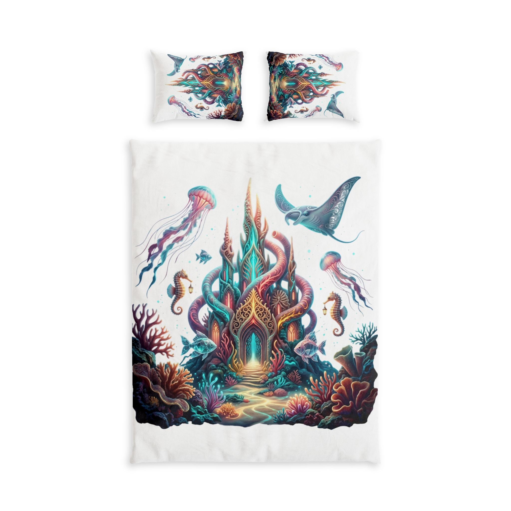 Underwater Fantasy Cotton Bed Set – Ocean Castle Duvet Cover with Jellyfish, Manta Ray & Seahorse Design