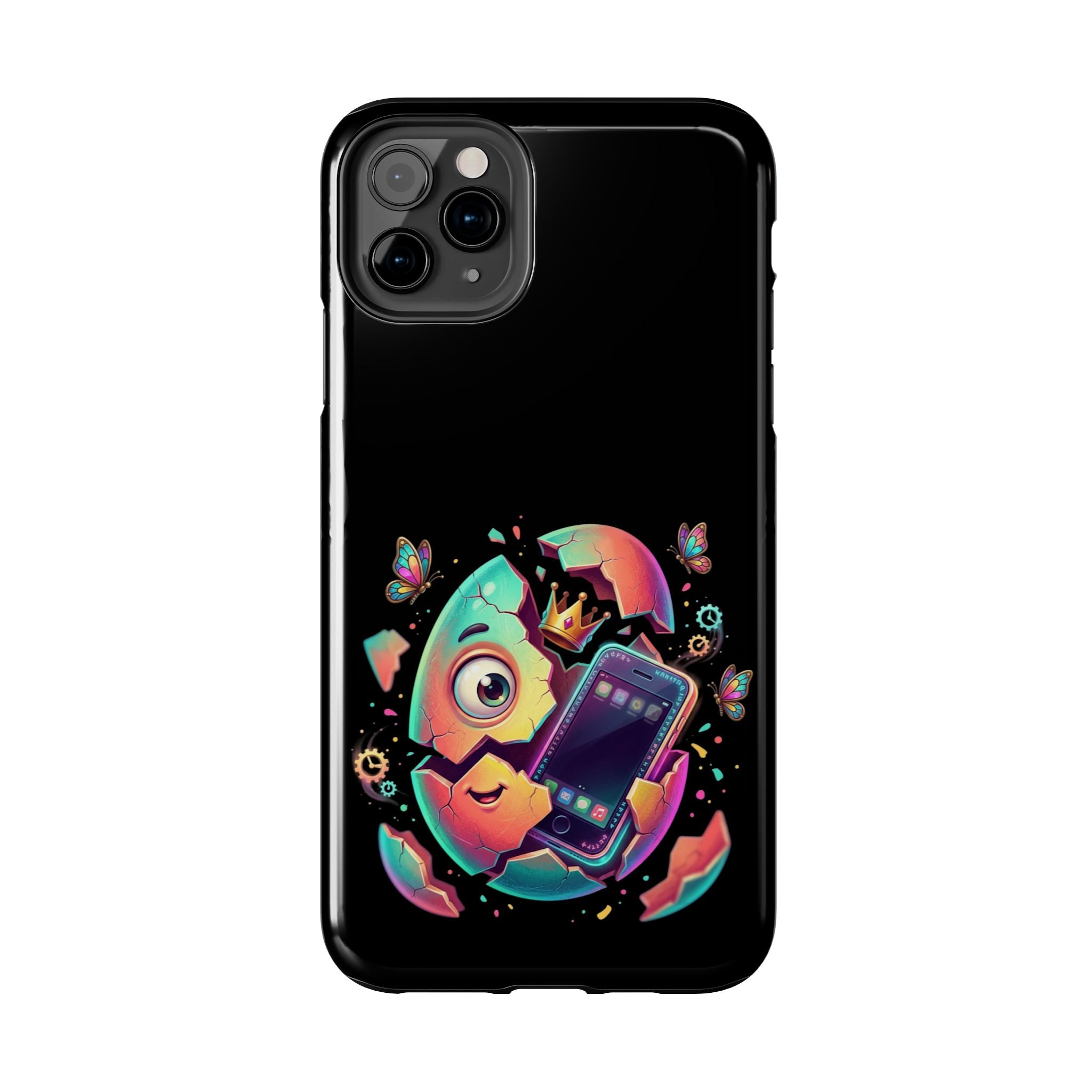 Hatchling Phone Case — Cute Neon Egg Character Holding Smartphone