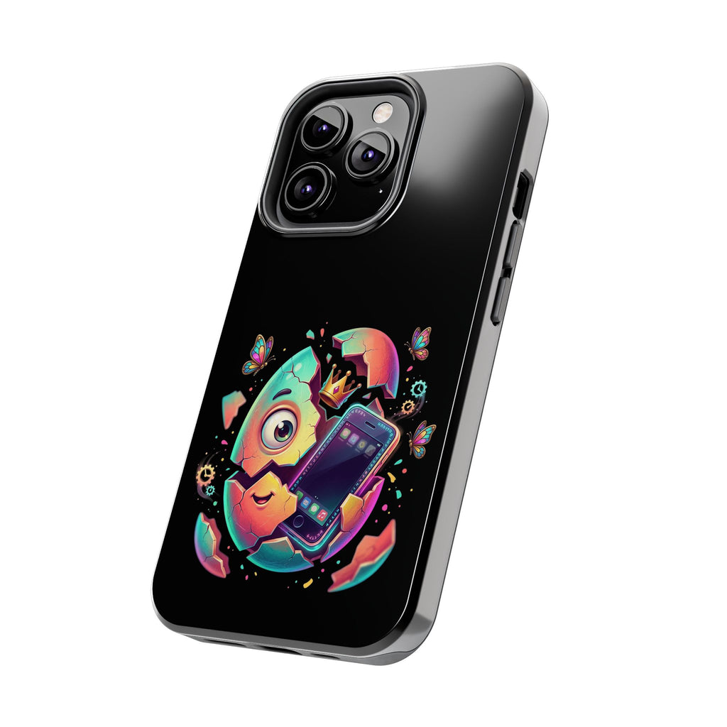 Hatchling Phone Case — Cute Neon Egg Character Holding Smartphone