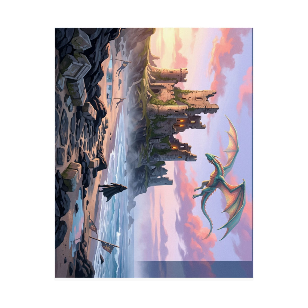 Dragon Sunset Matte Vertical Poster — Fantasy Castle Wall Art