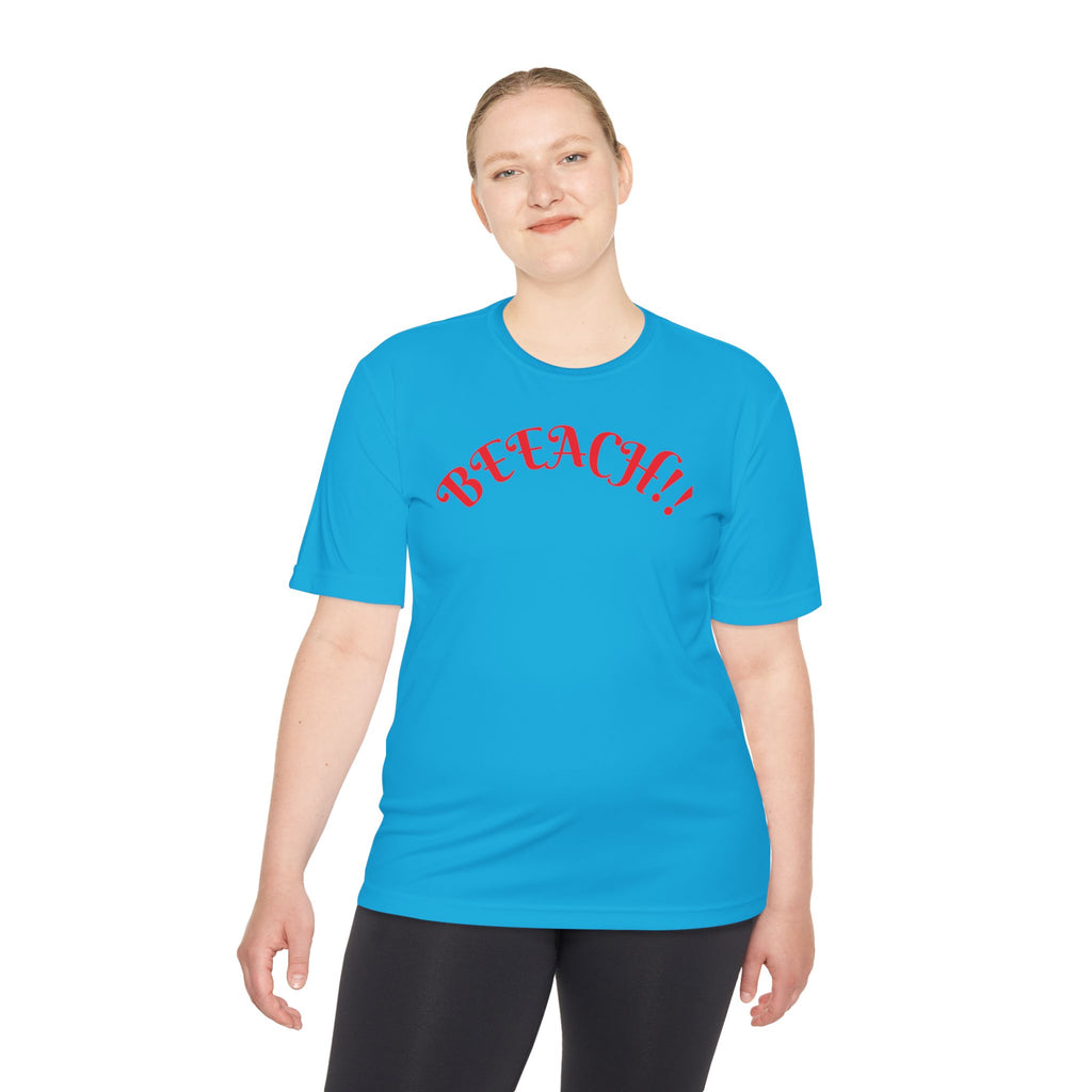Beach Vibes Moisture-Wicking Tee — 'BEACH!!' Arch Logo