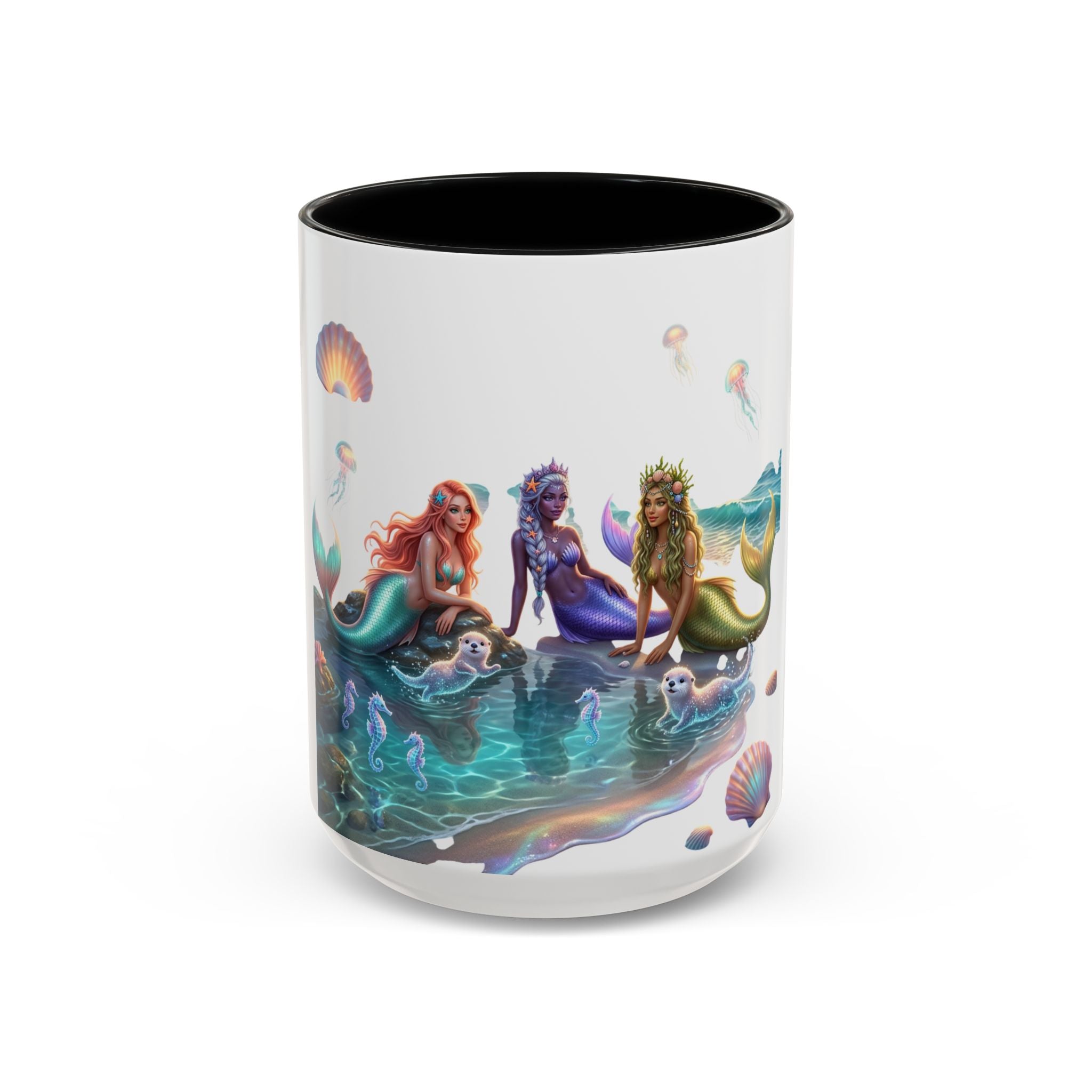Mermaid Trio Accent Coffee Mug — Colorful Ocean Fantasy 11/15oz