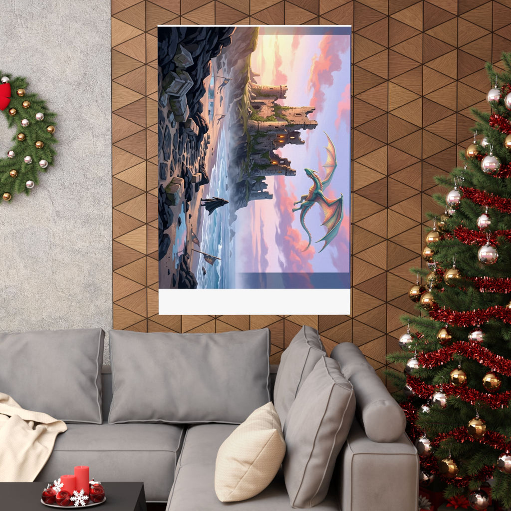 Dragon Sunset Matte Vertical Poster — Fantasy Castle Wall Art