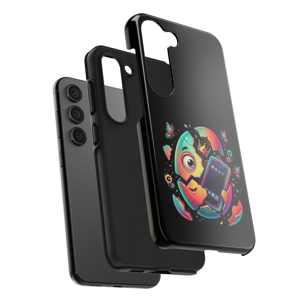 Hatchling Phone Case — Cute Neon Egg Character Holding Smartphone