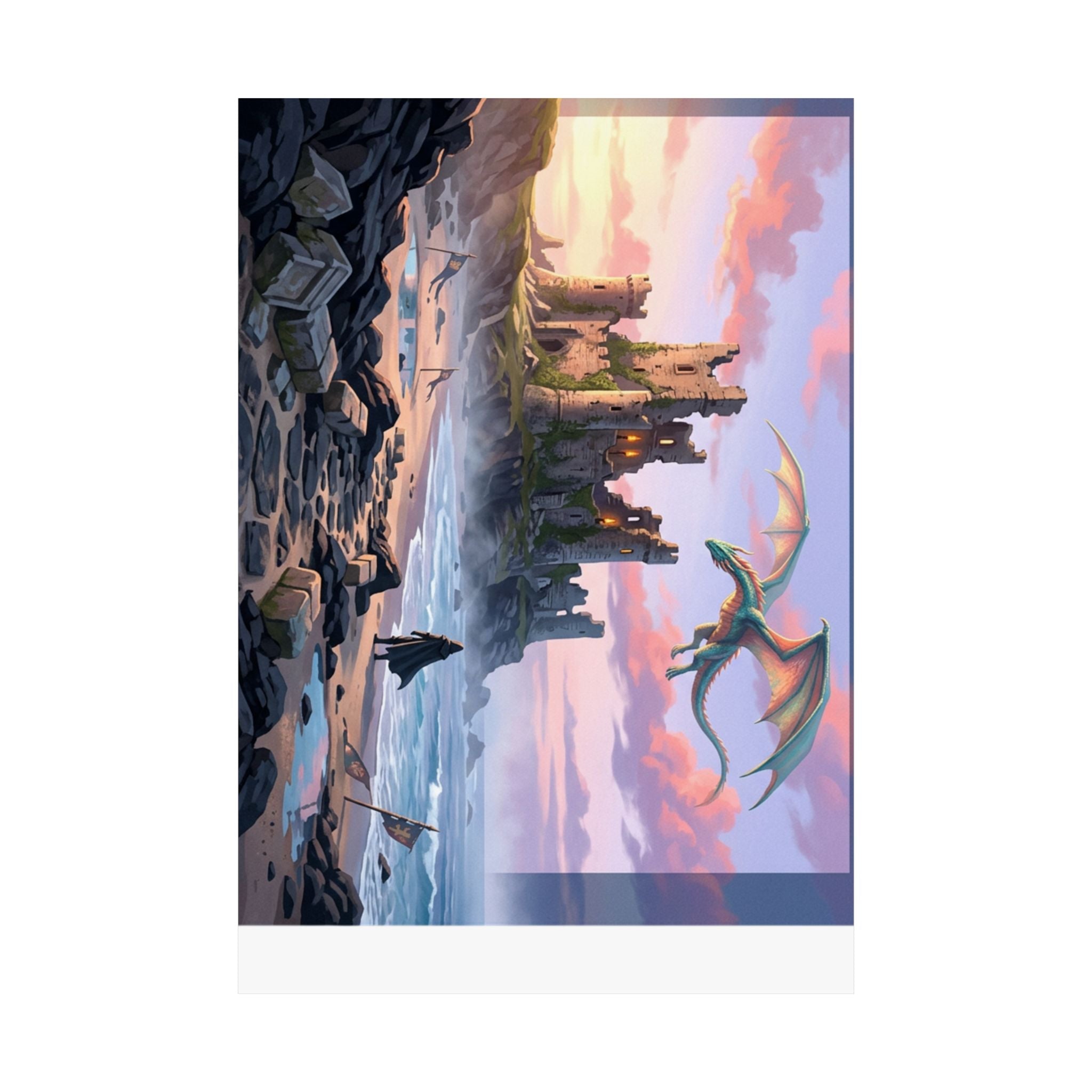Dragon Sunset Matte Vertical Poster — Fantasy Castle Wall Art
