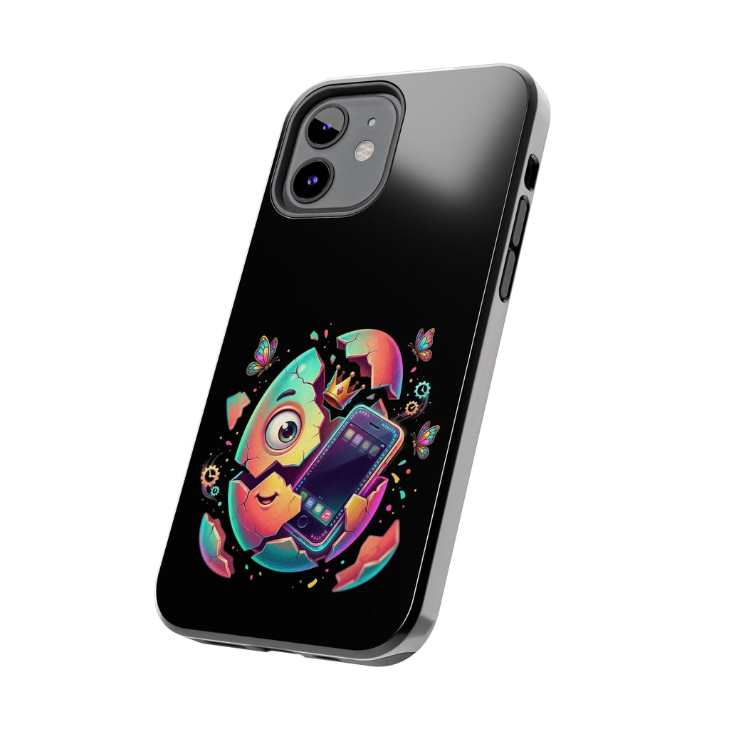 Hatchling Phone Case — Cute Neon Egg Character Holding Smartphone