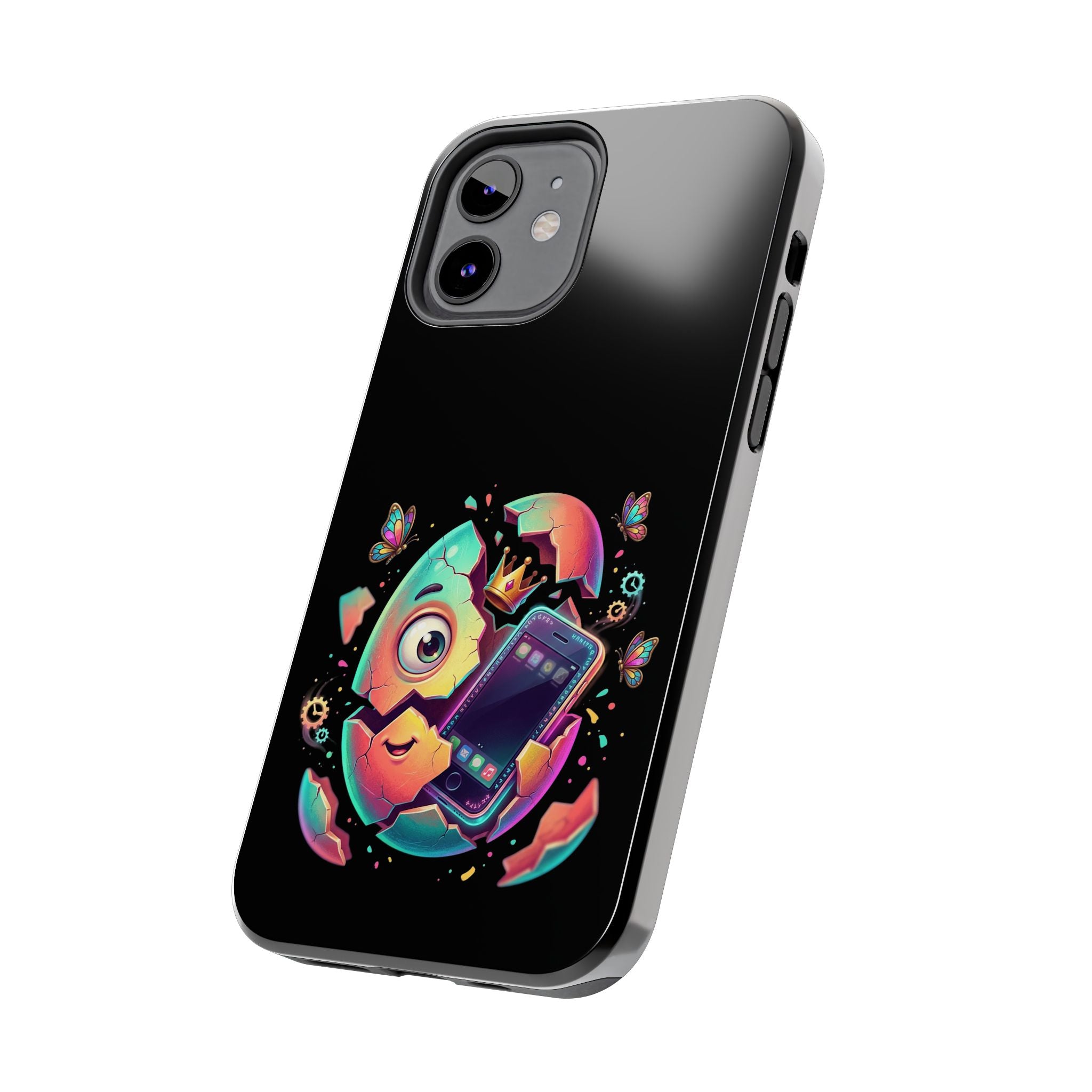Hatchling Phone Case — Cute Neon Egg Character Holding Smartphone