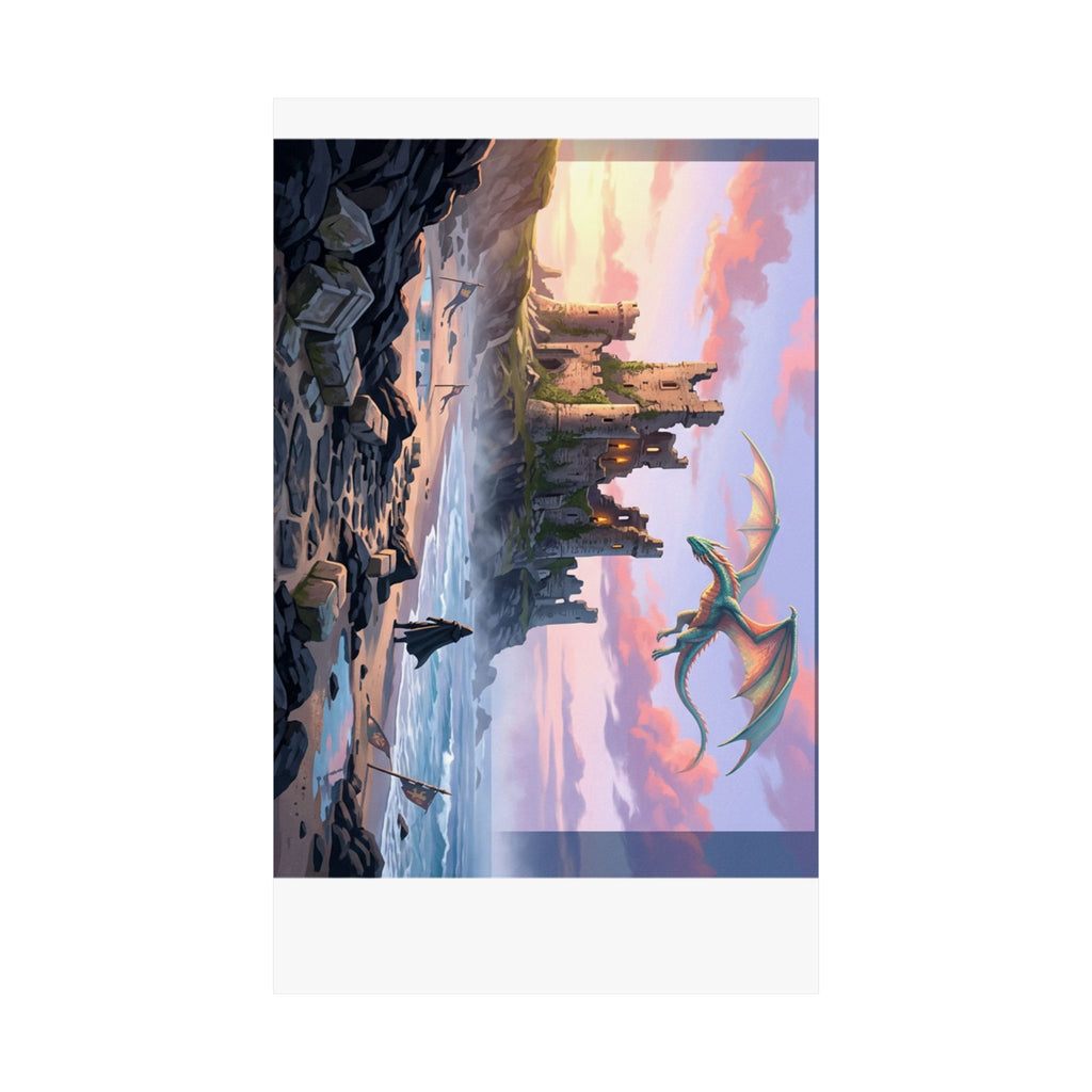 Dragon Sunset Matte Vertical Poster — Fantasy Castle Wall Art