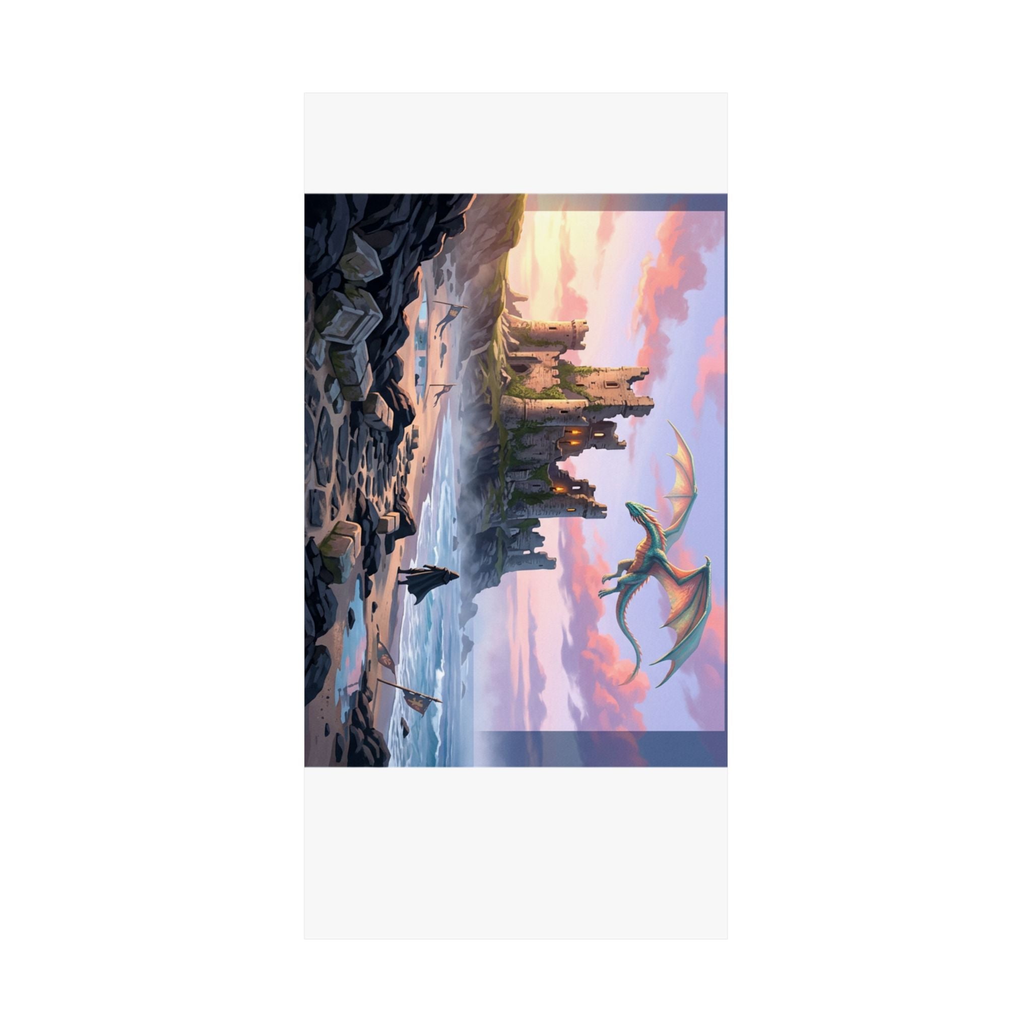 Dragon Sunset Matte Vertical Poster — Fantasy Castle Wall Art
