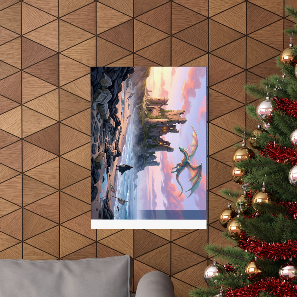Dragon Sunset Matte Vertical Poster — Fantasy Castle Wall Art