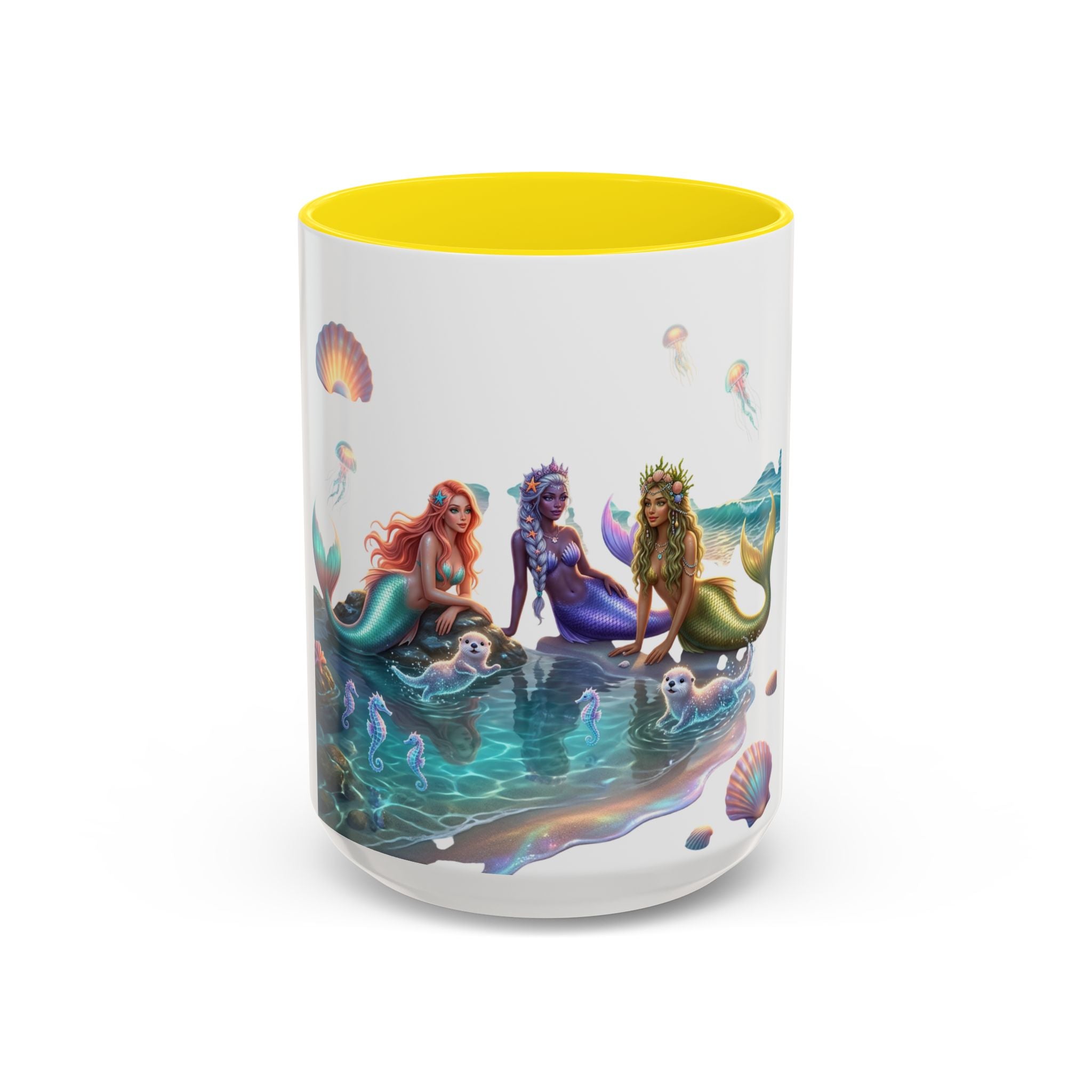 Mermaid Trio Accent Coffee Mug — Colorful Ocean Fantasy 11/15oz