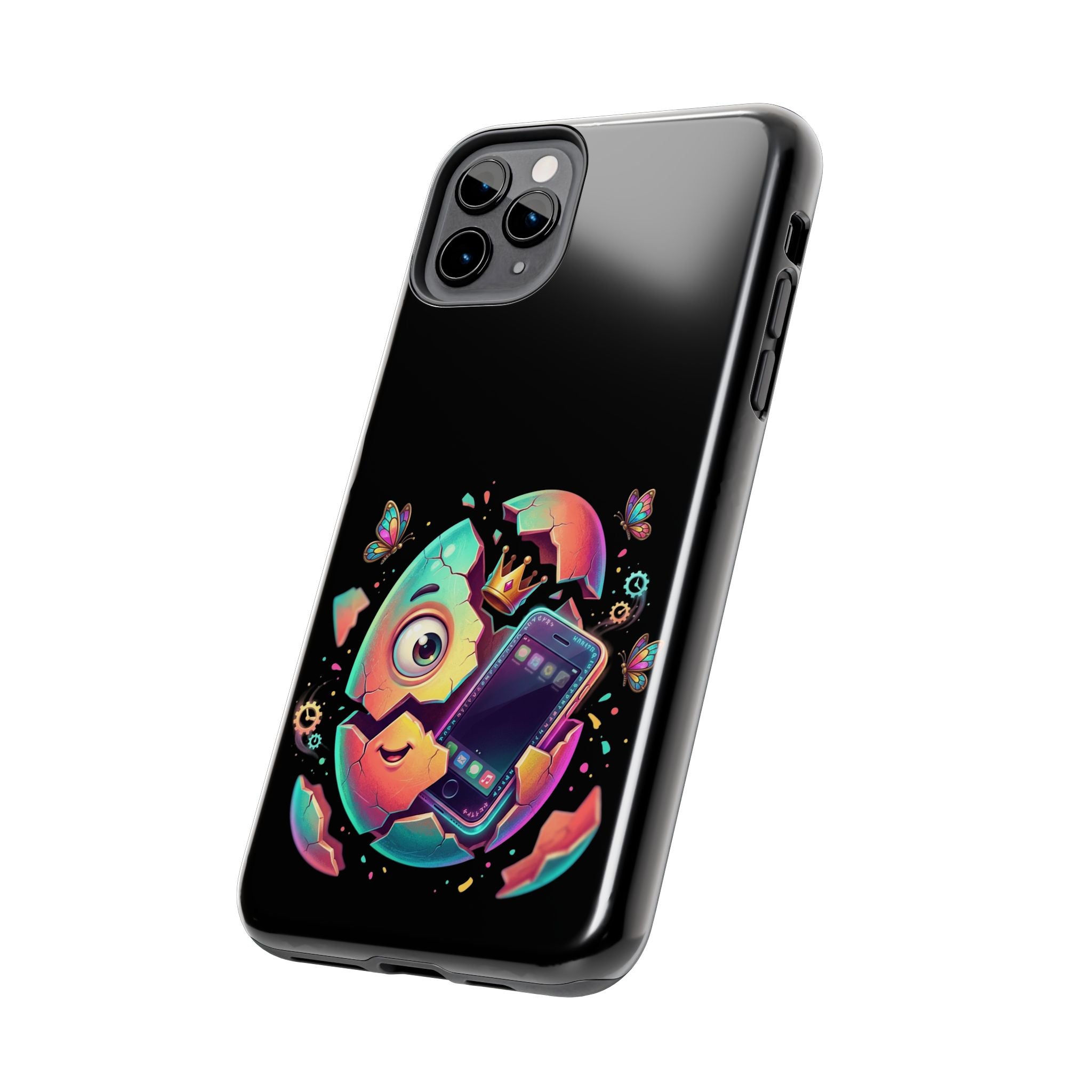 Hatchling Phone Case — Cute Neon Egg Character Holding Smartphone