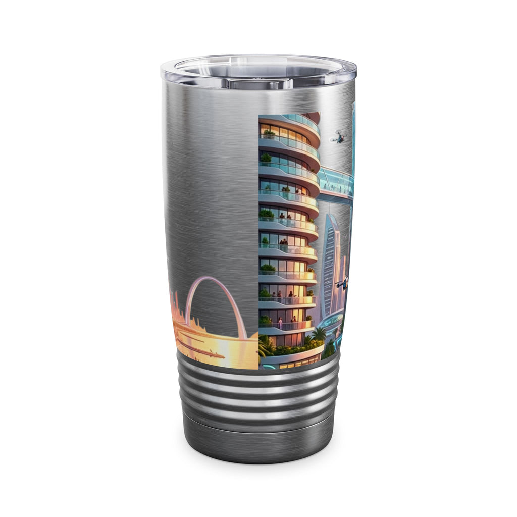 Cityscape Travel Tumbler — Futuristic Urban Skyline 20oz Stainless Steel