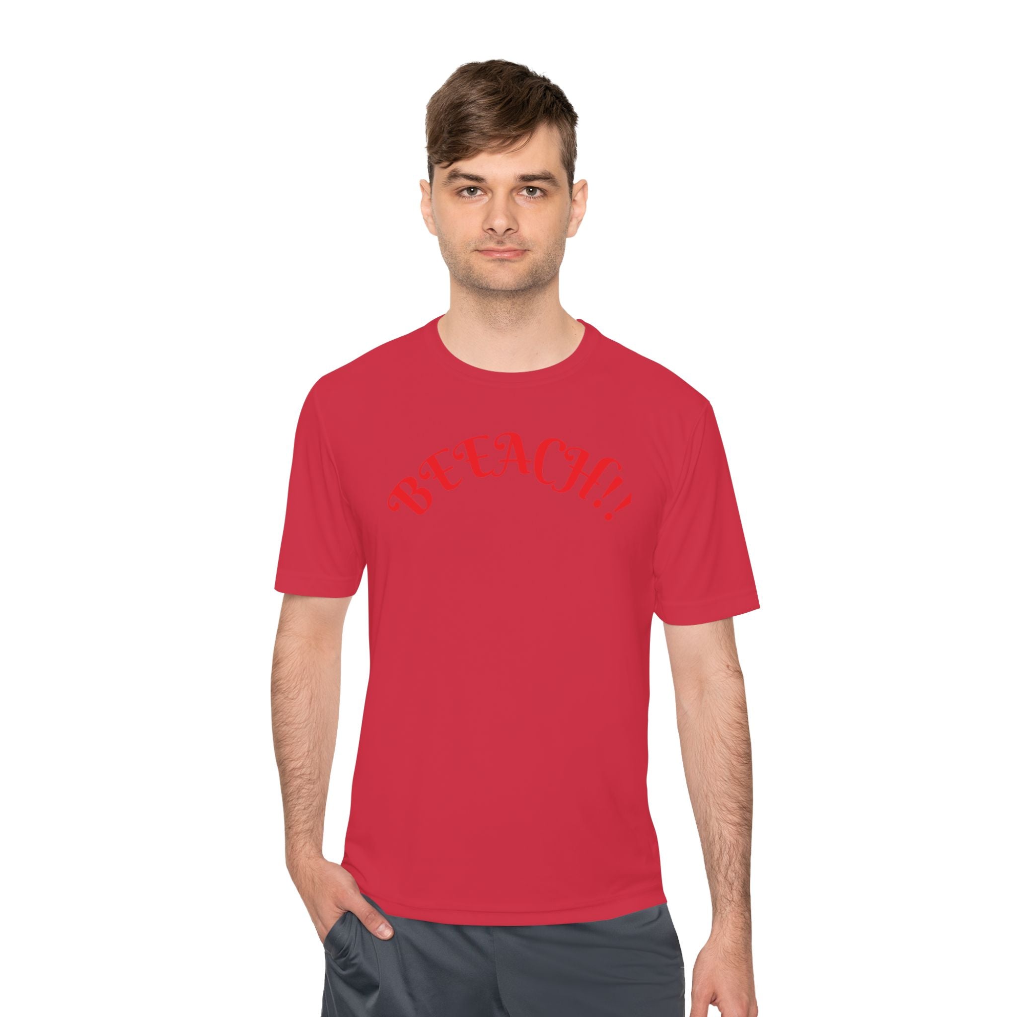 Beach Vibes Moisture-Wicking Tee — 'BEACH!!' Arch Logo