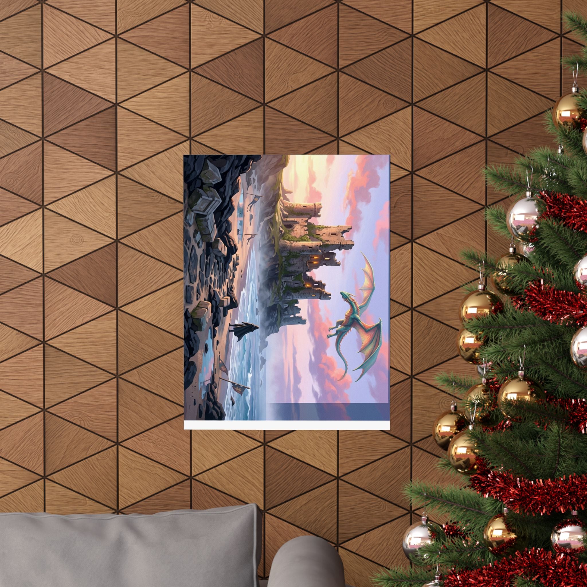 Dragon Sunset Matte Vertical Poster — Fantasy Castle Wall Art