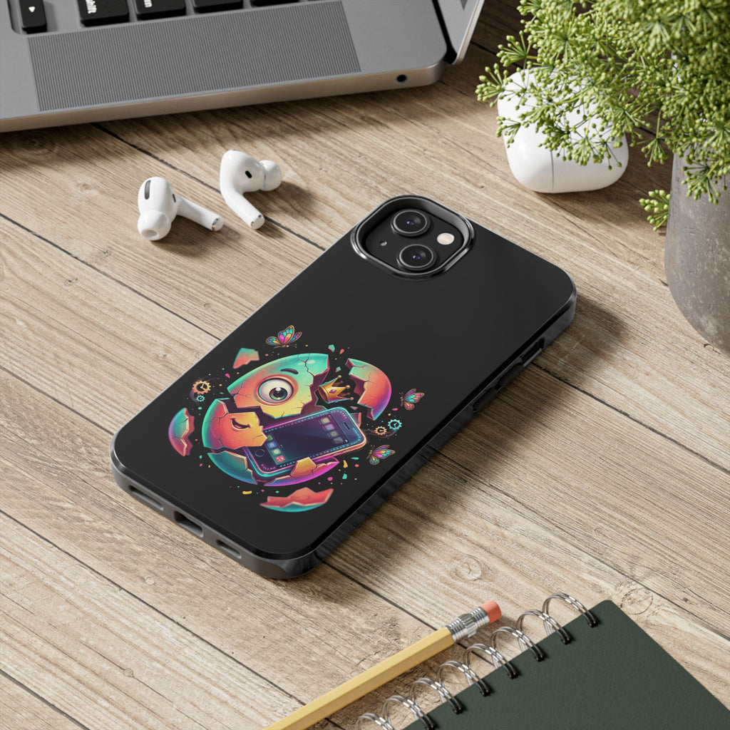 Hatchling Phone Case — Cute Neon Egg Character Holding Smartphone